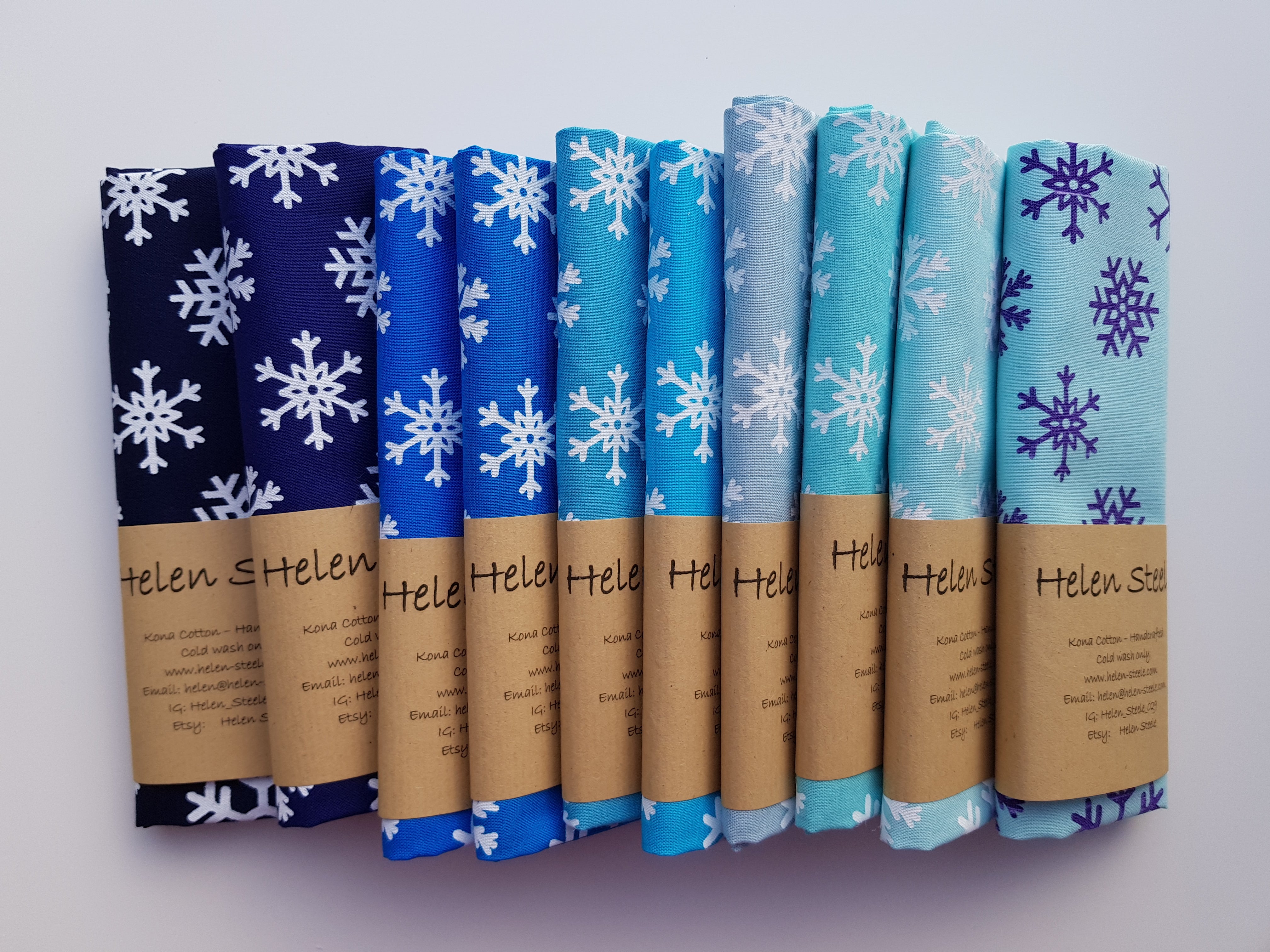 BLUE SNOWFLAKES - A Snowflake is not just for Christmas - Screen printed Kona cotton fabrics - blue snowflakes