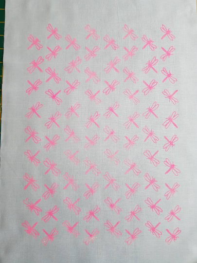 DRAGONFLIES PINK handcrafted, handprinted, screen printed Kona Cotton fabric panels