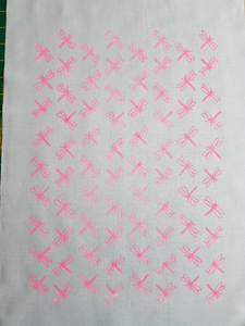 DRAGONFLIES PINK handcrafted, handprinted, screen printed Kona Cotton fabric panels